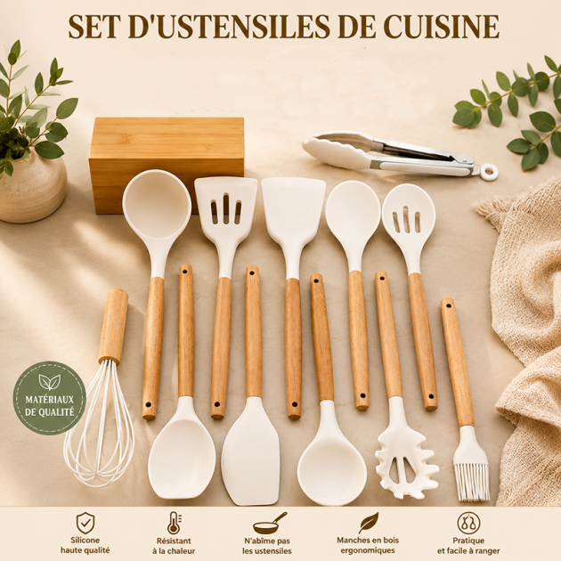 Set d'Ustensiles de Cuisine en Silicone – 10 Pièces avec Pot de Rangement