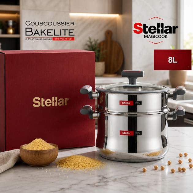 Couscoussier Stellar MagiCook 8 Litres en Acier Inoxydable – 3 Pièces avec Poignées Bakélite.