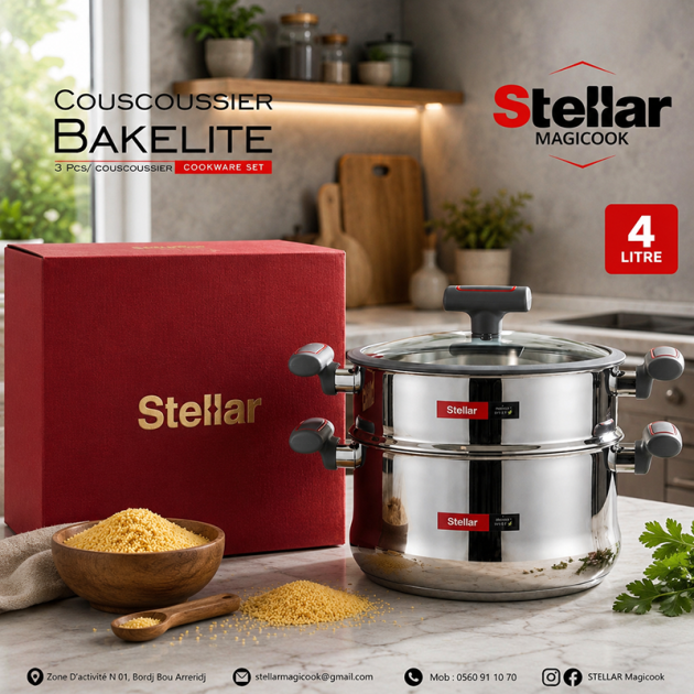Couscoussier Stellar MagiCook 4 Litres en Acier Inoxydable – 3 Pièces avec Poignées Bakélite