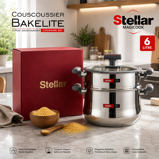 Couscoussier Stellar MagiCook 6 Litres en Acier Inoxydable – 3 Pièces avec Poignées Bakélite