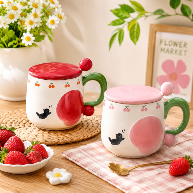 Mug en Céramique Cerise avec Couvercle et cuillère