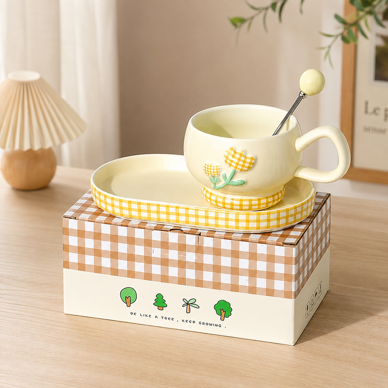 Ensemble tasse à café en céramique à motif floral, avec plateau et cuillère – Image 4