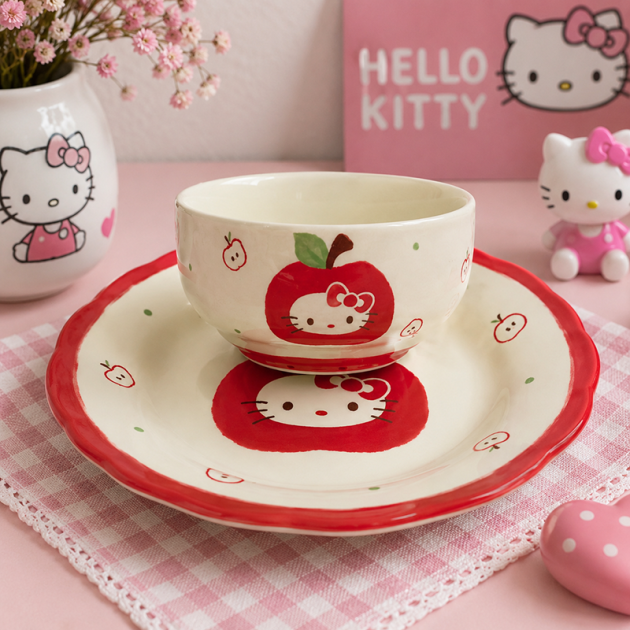 Ensemble Bol et Assiette en Céramique Hello Kitty – Motif Pomme Rouge | Style Kawaii