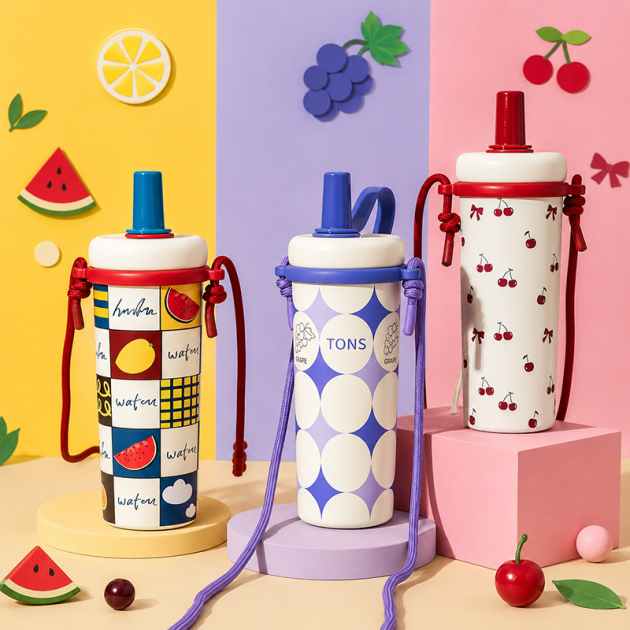 Gourdes Isothermes avec Paille – Design Coloré et Motifs Fruités