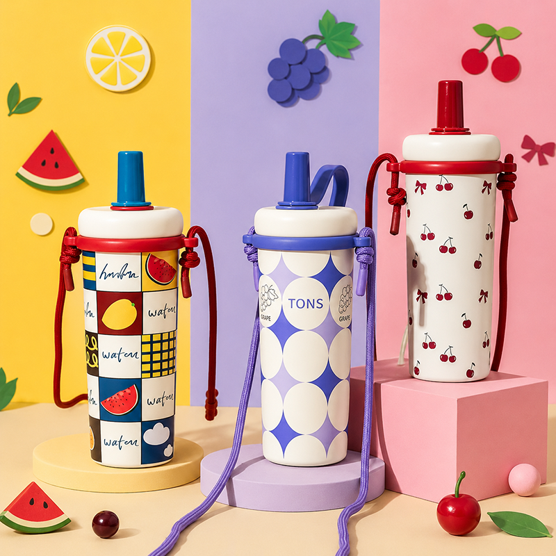 Gourdes Isothermes avec Paille – Design Coloré et Motifs Fruités