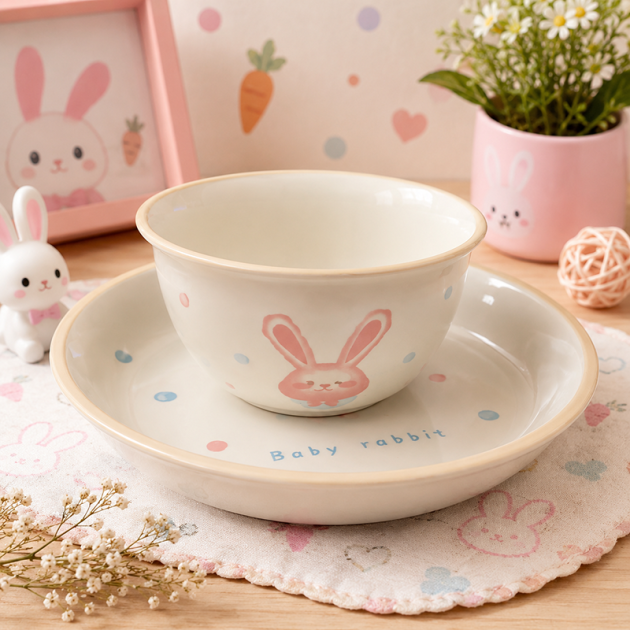 Ensemble Vaisselle Enfant Baby Rabbit en Céramique – Bol & Assiette Creuse Motif Lapin