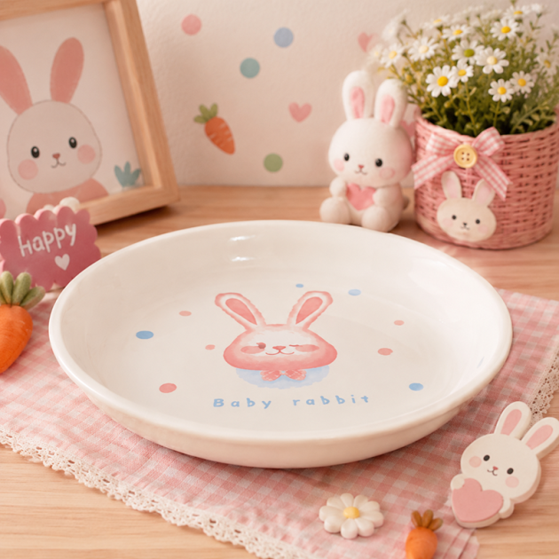 Assiette Creuse en Céramique Baby Rabbit – Vaisselle Enfant au Design Lapin Kawaii