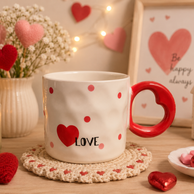 Mug en Céramique LOVE – Tasse Élégante avec Anse en Forme de Cœur