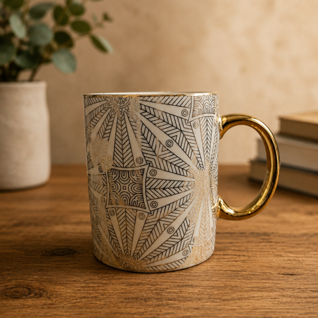 Mug en Céramique Élégance Dorée – Motifs Géométriques Artistiques