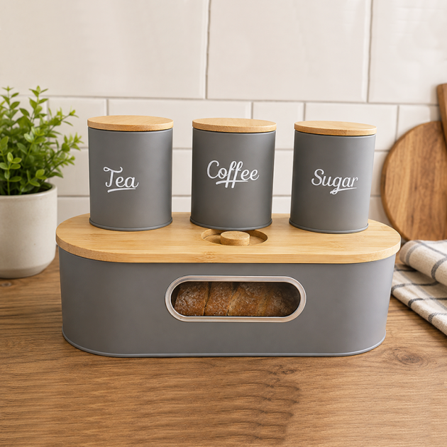 Ensemble de Boîtes de Rangement Cuisine en Métal avec Couvercles en Bambou