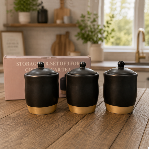 Lot de 3 Pots de Rangement en Céramique Noir Mat