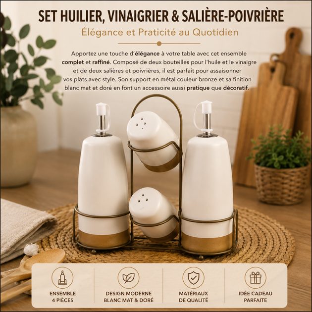Ménagère de Table Chic 4-en-1 : Huilier, Vinaigrier, Salière et Poivrier