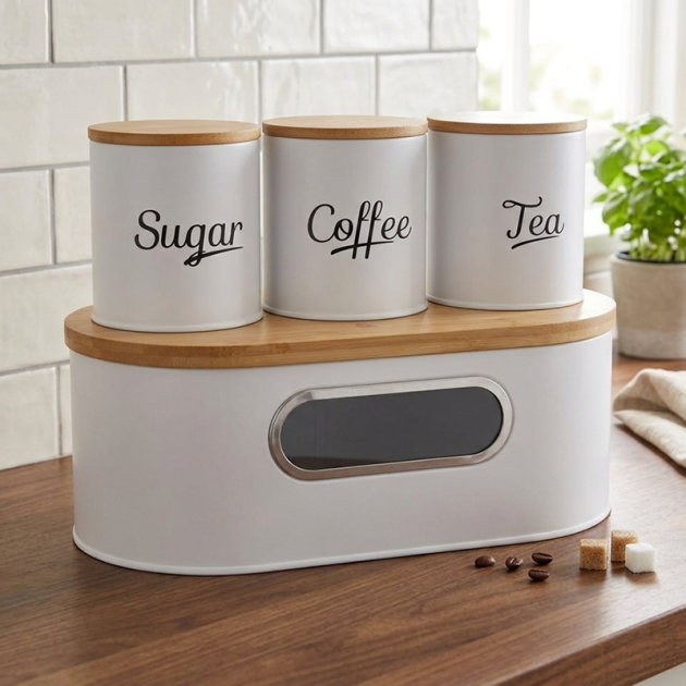 Ensemble de Boîtes de Rangement Cuisine en Métal avec Couvercles en Bambou