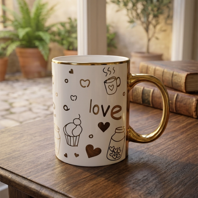 Mug en Céramique "Love" – Tasse Élégante avec Anse Dorée