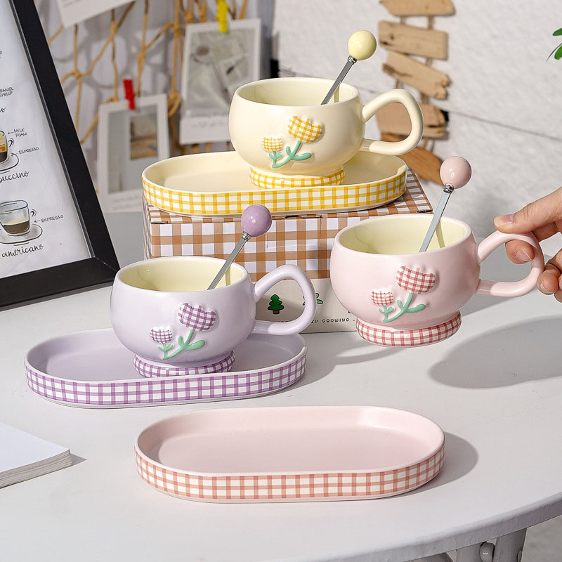 Ensemble tasse à café en céramique à motif floral, avec plateau et cuillère