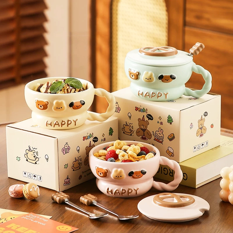 Shope en Céramique avec Couvercle et cuillère – Design Kawaii Happy
