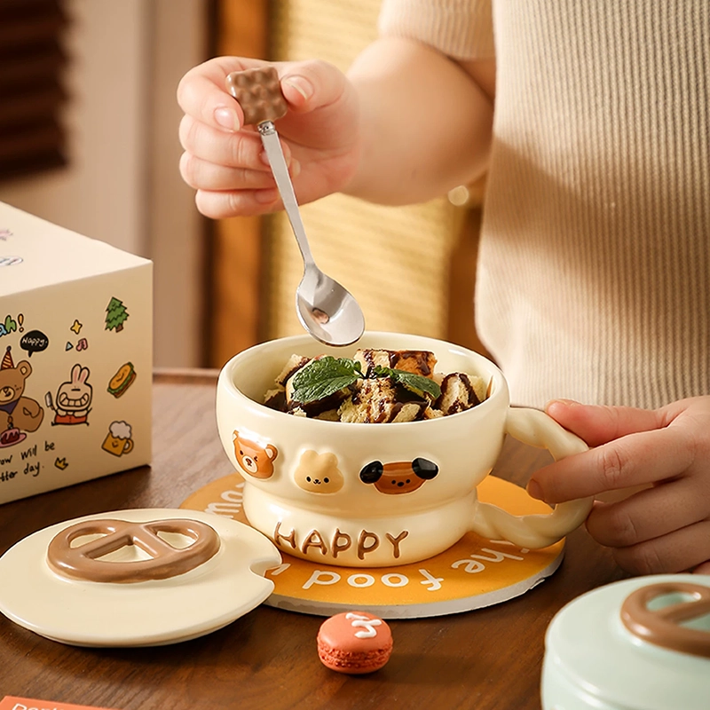 Shope en Céramique avec Couvercle et cuillère – Design Kawaii Happy – Image 2