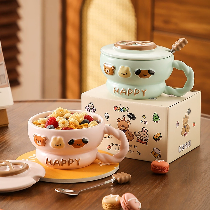 Shope en Céramique avec Couvercle et cuillère – Design Kawaii Happy – Image 3