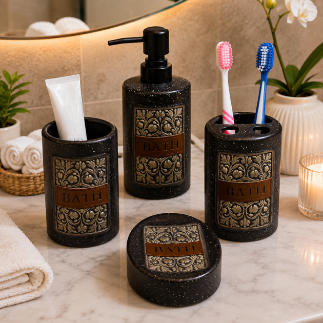 Ensemble d'accessoires de salle de bain  moucheté avec des détails texturés(( BATH ))
