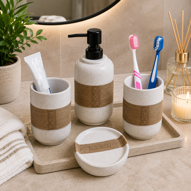 Ensemble d'accessoires de salle de bain  moucheté avec des détails texturés(( BATH ))