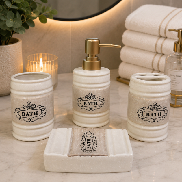 Ensemble d'accessoires de salle de bain  moucheté avec des détails texturés(( BATH ))