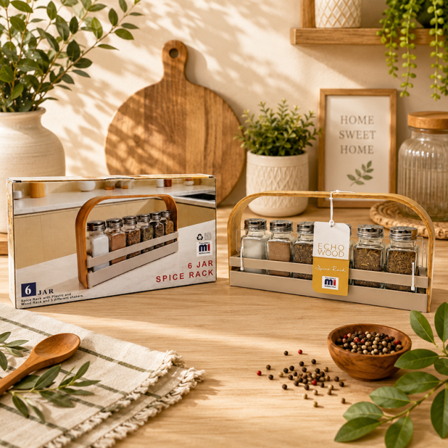 Support à Épices en Bois avec 6 Pots en Verre – Rangement Élégant pour Cuisine