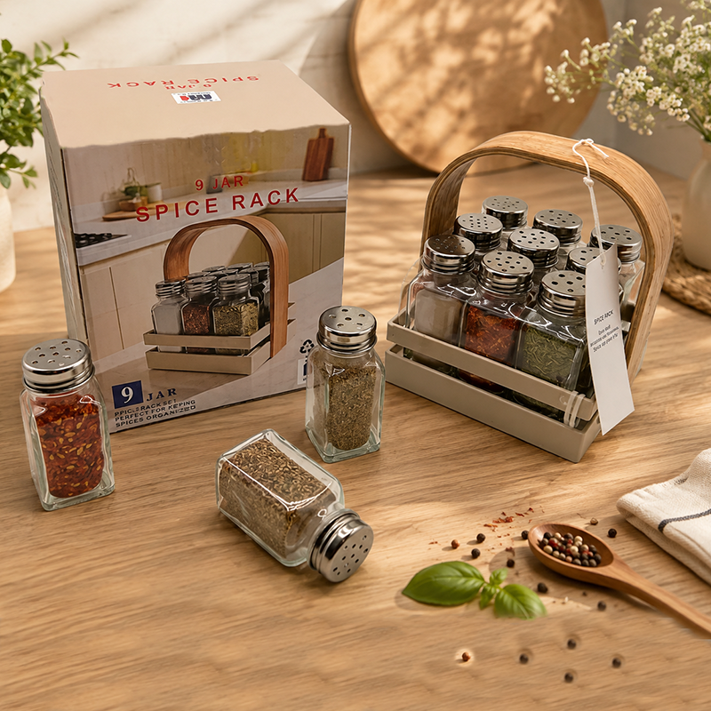 Porte-Épices 9 Pots avec Support en Bois – Organisateur d’Épices pour Cuisine