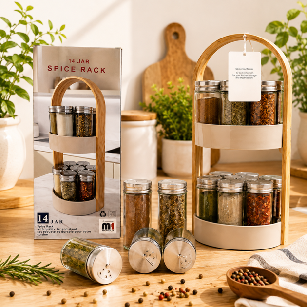 Étagère à Épices en Bambou 14 Pots – Rangement Pratique et Élégant