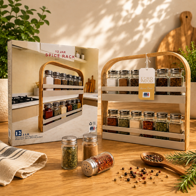 Porte-Épices 12 Pots avec Support en Bois – Organisateur de Cuisine