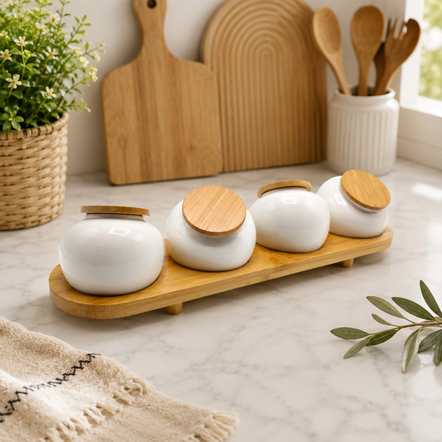 Ensemble de 4 Pots en Céramique Blanche avec Couvercles en Bambou et Plateau