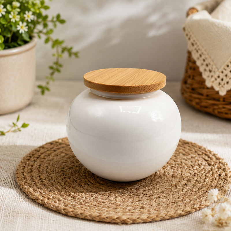 Ensemble de 4 Pots en Céramique Blanche avec Couvercles en Bambou et Plateau – Image 2