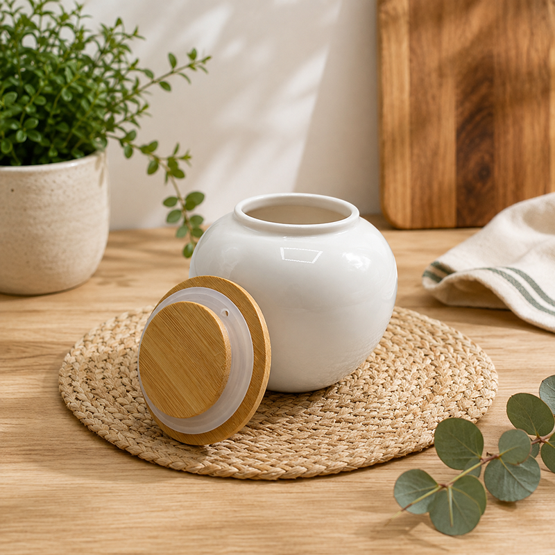 Ensemble de 4 Pots en Céramique Blanche avec Couvercles en Bambou et Plateau – Image 4