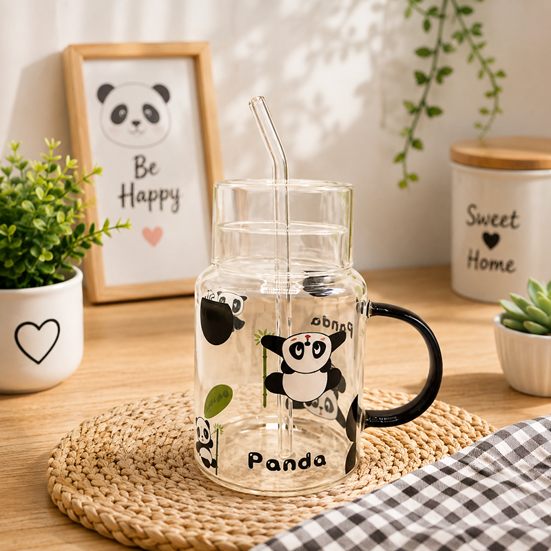 Mug en Verre Panda avec Couvercle et Paille – Image 4
