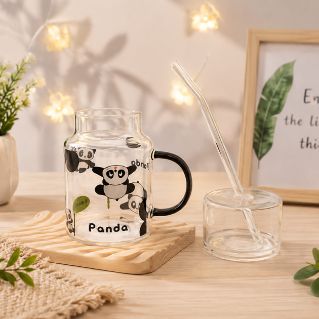 Mug en Verre Panda avec Couvercle et Paille