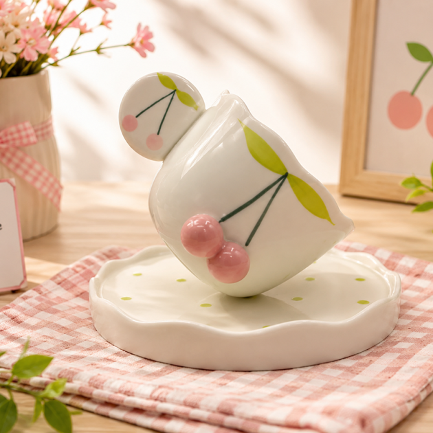 Tasse à Café avec Soucoupe Motif Cerises