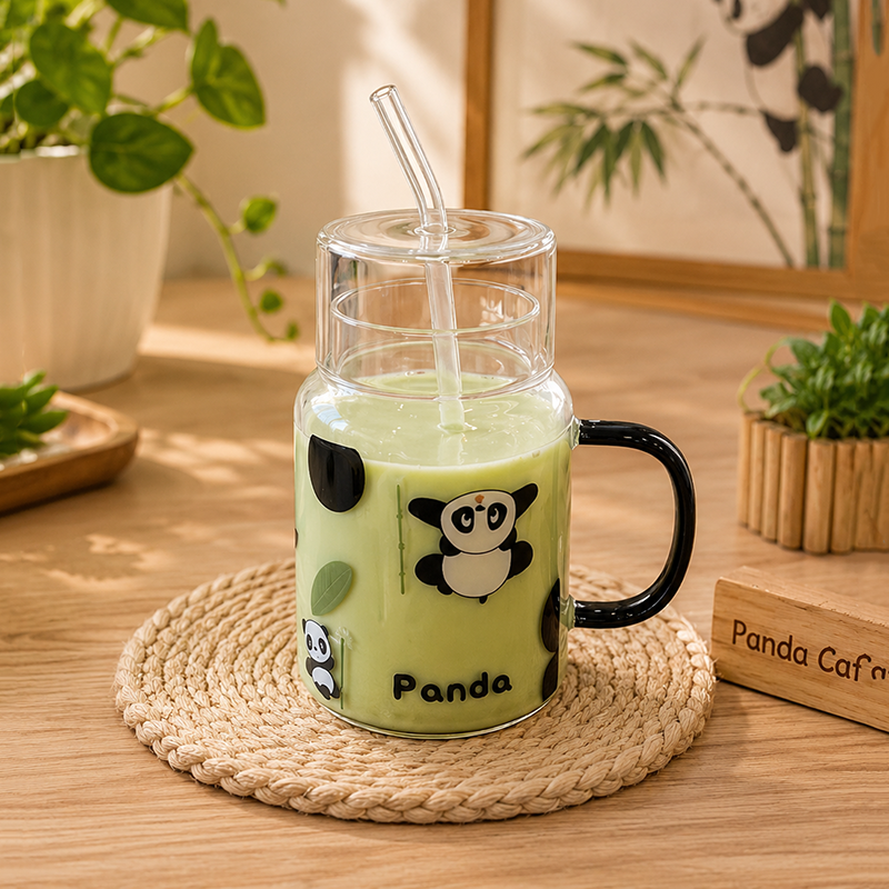 Mug en Verre Panda avec Couvercle et Paille – Image 3