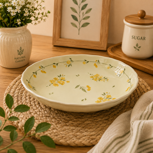 Assiette Creuse en Céramique Crème à Motifs Floraux Jaunes 18cm