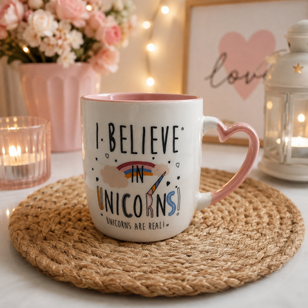 Mug Licorne avec Anse en Cœur – « I Believe in Unicorns »