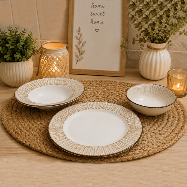 Service de Table 18 Pièces – Design Beige et Blanc