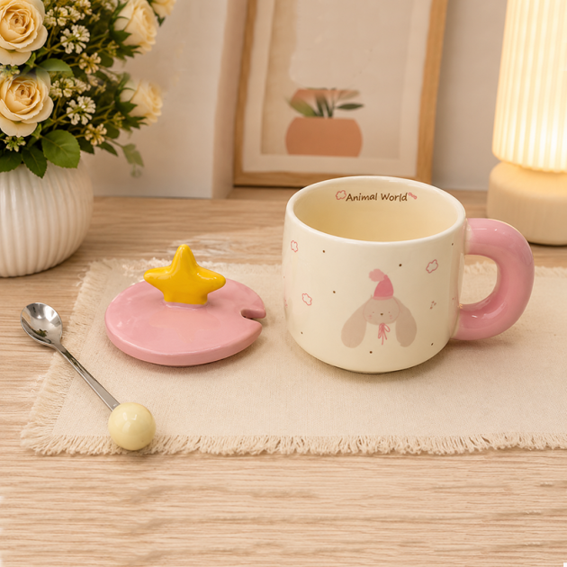 Mug avec Couvercle et Cuillère – Motif Animal Mignon