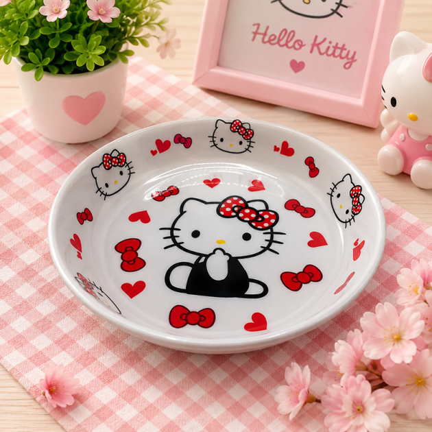 Assiette Creuse en Plastique Hello Kitty – Motif Cœurs & Nœuds Rouges