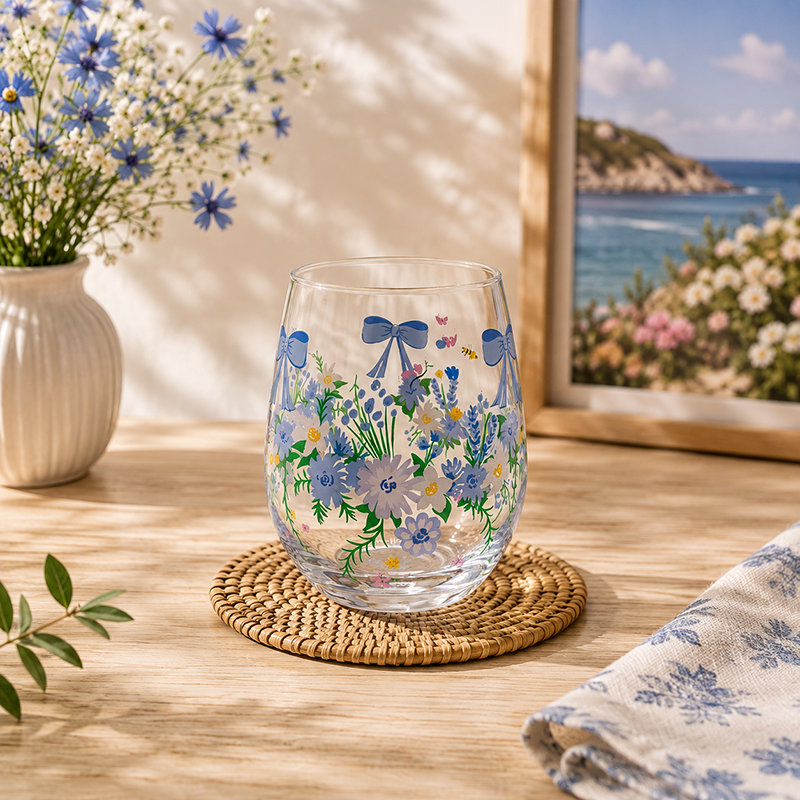 Lot de 6 Verres Décorés – Motifs Fleurs & Nœuds Bleus – Image 2