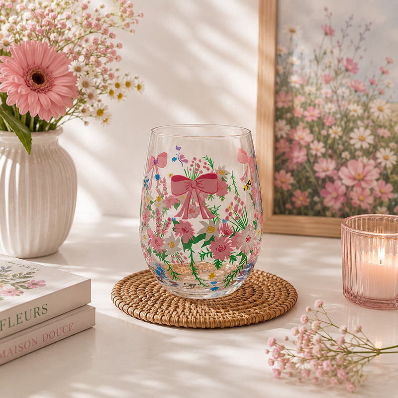 Lot de 6 Verres à Boisson Décorés – Motifs Fleurs & Nœuds Roses – Image 2