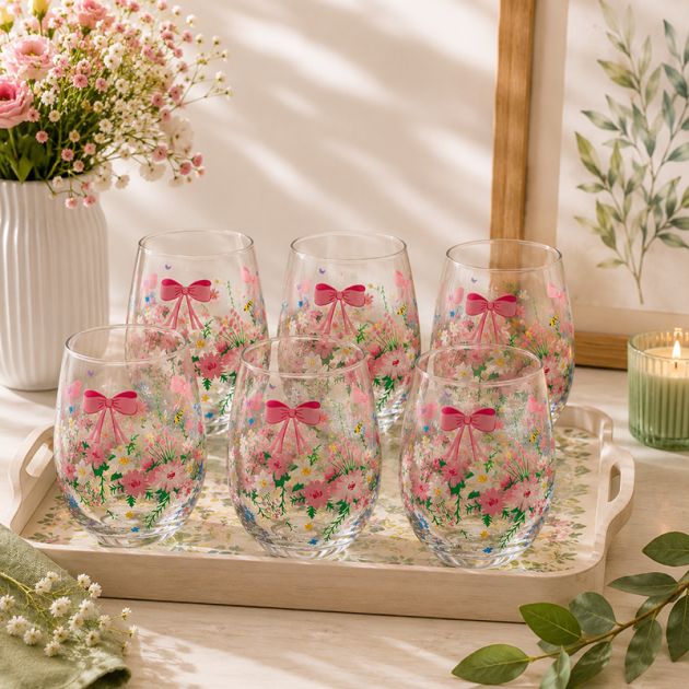 Lot de 6 Verres à Boisson Décorés – Motifs Fleurs & Nœuds Roses