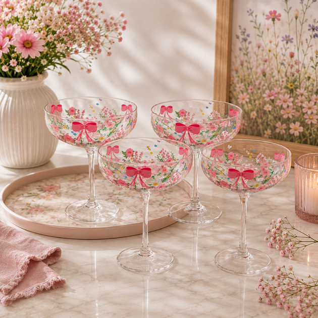 Lot de 4 Coupes à Cocktail Décorées – Fleurs & Nœuds Roses