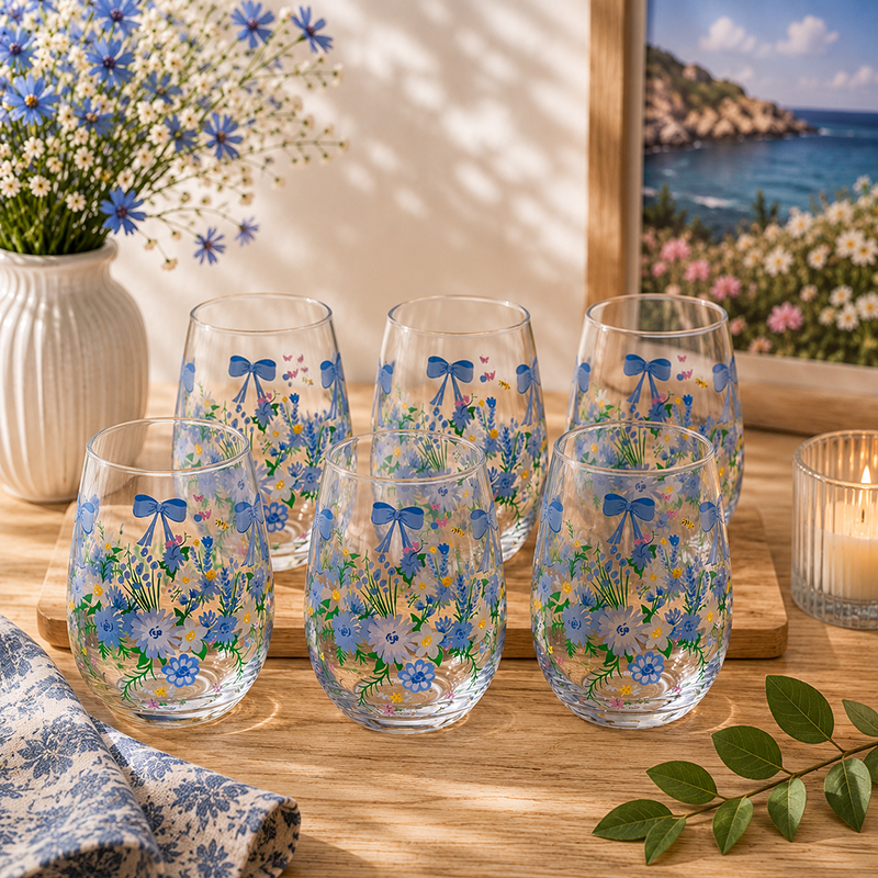 Lot de 6 Verres Décorés – Motifs Fleurs & Nœuds Bleus