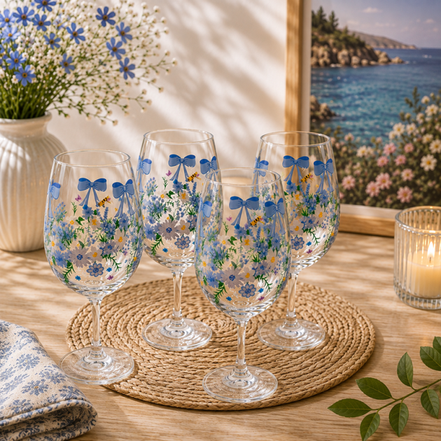 Lot de 4 Verres  Décorés – Fleurs & Nœuds Bleus