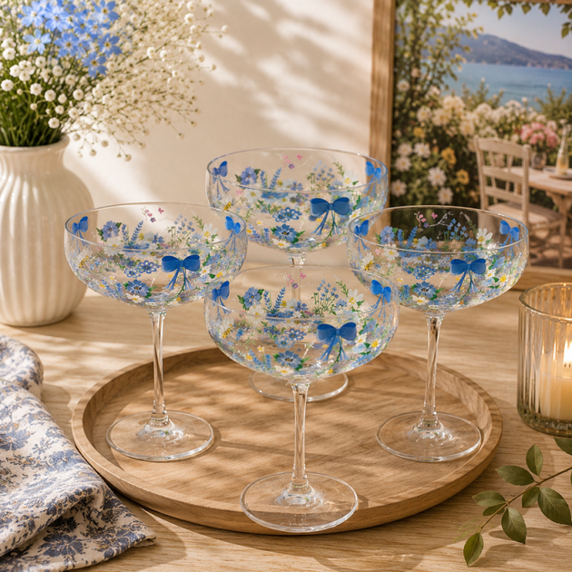 Lot de 4 Coupes à Cocktail Décorées – Fleurs & Nœuds Bleus