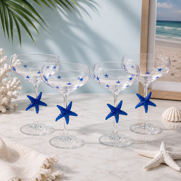 Lot de 4 Coupes à Cocktail en Verre – Décor Étoiles de Mer Bleues