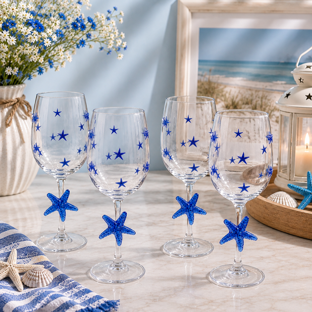 Lot de 4 Verres  – Motifs Étoiles Bleues & Étoiles de Mer